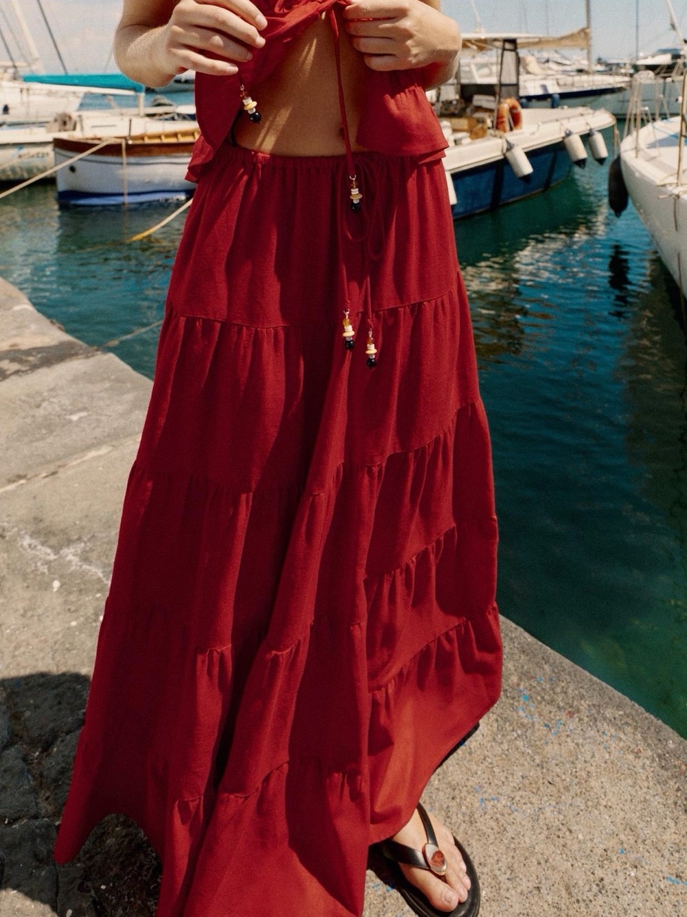 Zara Red Linen Halter Tiered Skirt Set - Picture 4 of 11